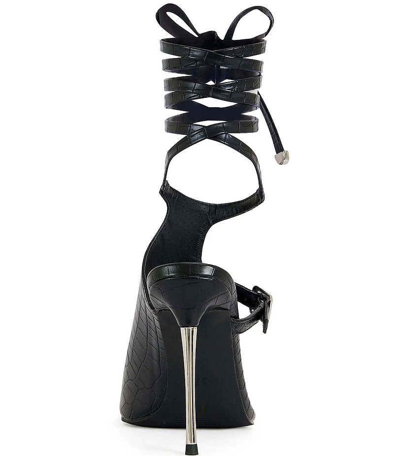 Azalea Wang Previa Croco Print Ankle Wrap Tie Toe Loop Dress Sandals