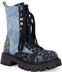 Azalea Wang Providence Mixed Print Denim Combat Boots