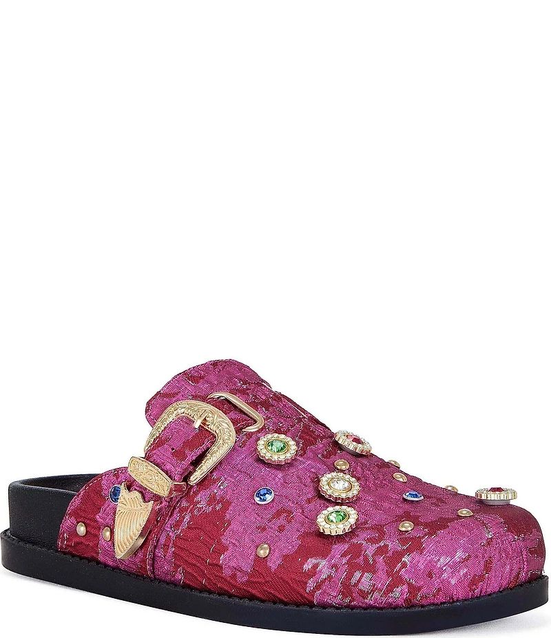 Azalea Wang Quinby Brocade Buckle Strap Hardware Jewel Ornamented Studded Mules