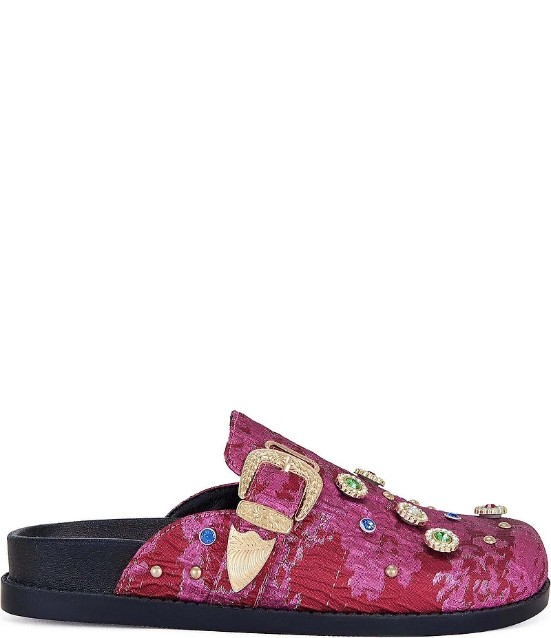 Azalea Wang Quinby Brocade Buckle Strap Hardware Jewel Ornamented Studded Mules