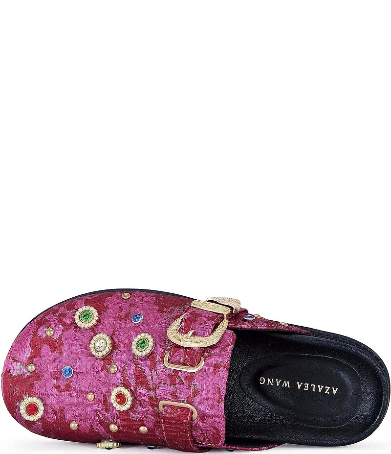 Azalea Wang Quinby Brocade Buckle Strap Hardware Jewel Ornamented Studded Mules