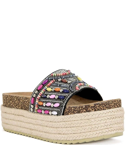 Azalea Wang Ramana Rhinestone Beaded Espadrille Platform Slide Sandals