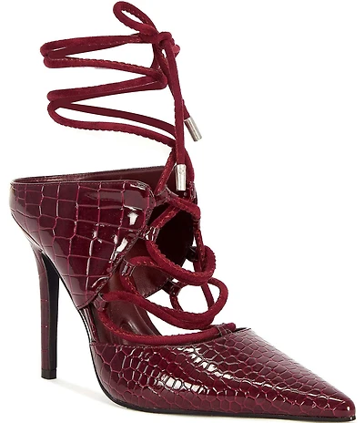 Azalea Wang Ramona Crocodile Embossed Ankle Tie Pointed Toe Pumps