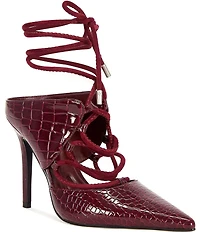 Azalea Wang Ramona Crocodile Embossed Ankle Tie Pointed Toe Pumps