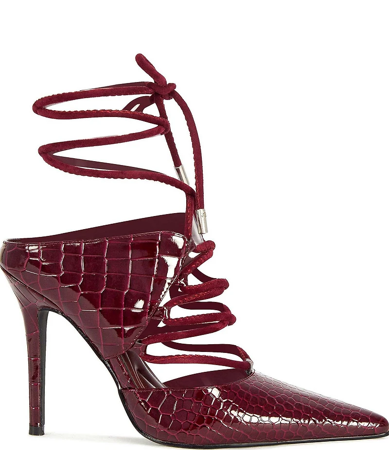 Azalea Wang Ramona Crocodile Embossed Ankle Tie Pointed Toe Pumps