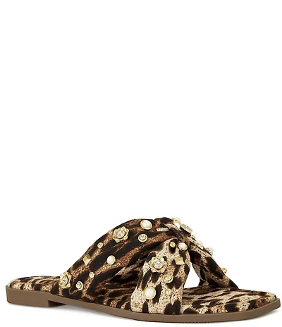 Azalea Wang Ramsey Pearl Studded Leopard Print Slide Sandals