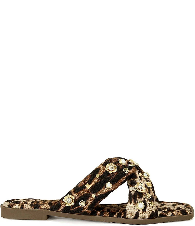 Azalea Wang Ramsey Pearl Studded Leopard Print Slide Sandals