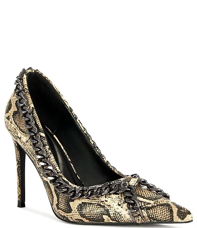 Azalea Wang Ravelle Snake Print Pointed Toe Chain Ornament Pumps