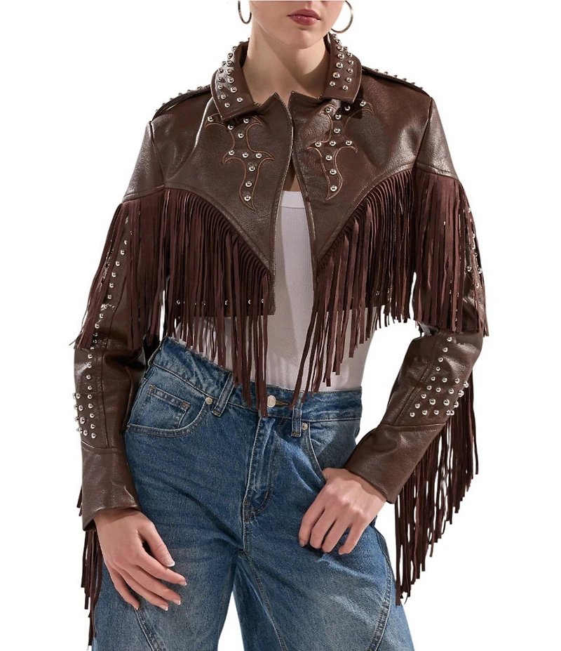 Azalea Wang Reece Faux Leather Fringe Studded Notch Collar Bolero Jacket