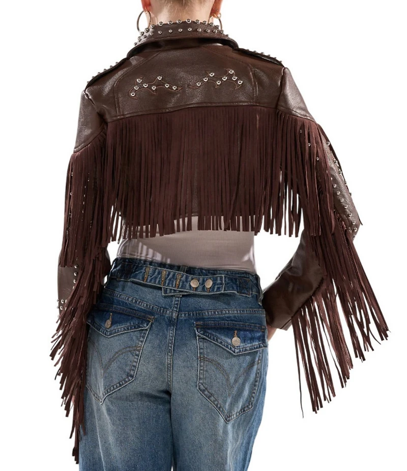 Azalea Wang Reece Faux Leather Fringe Studded Notch Collar Bolero Jacket