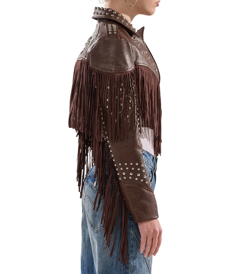 Azalea Wang Reece Faux Leather Fringe Studded Notch Collar Bolero Jacket