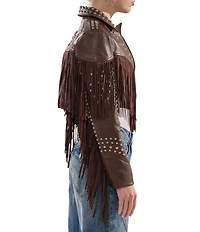 Azalea Wang Reece Faux Leather Fringe Studded Notch Collar Bolero Jacket