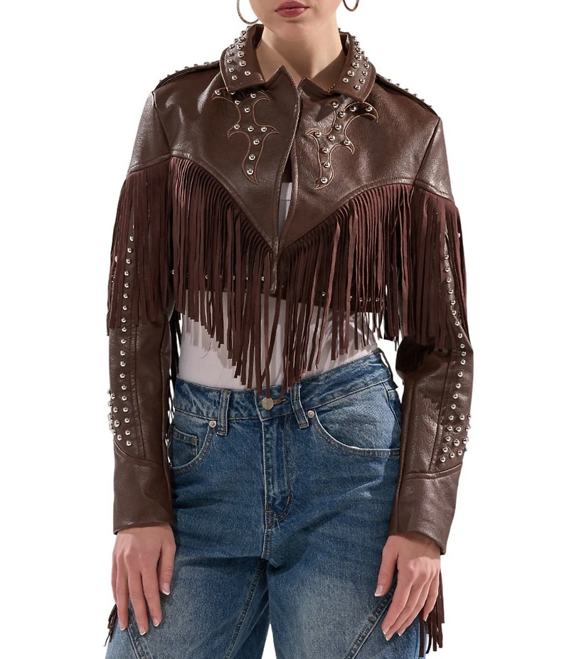 Azalea Wang Reece Faux Leather Fringe Studded Notch Collar Bolero Jacket
