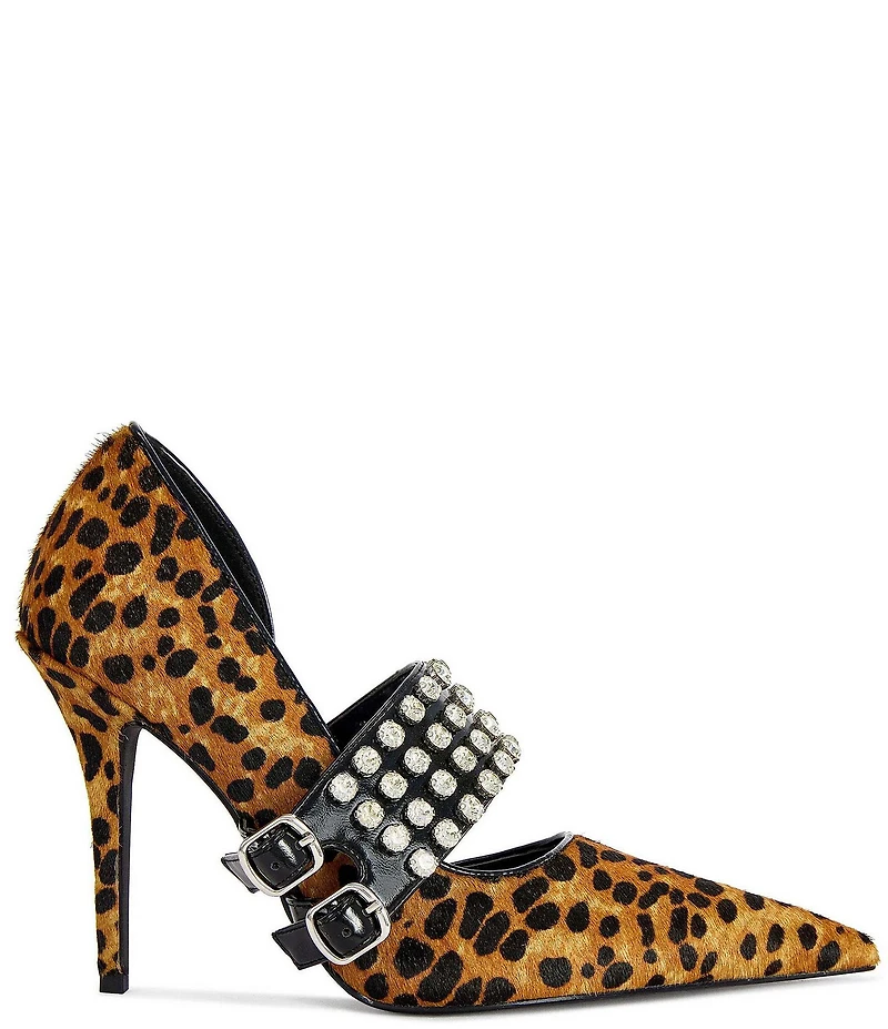 Azalea Wang Reesea Cheetah Print Rhinestone Double Buckle Mary Jane Pumps