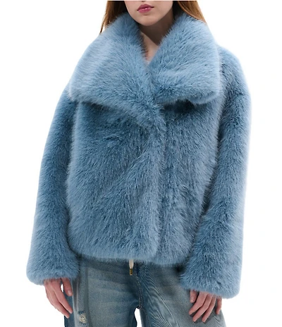 Azalea Wang Regina Sky Blue Faux Fur Shawl Collar Button Front Jacket