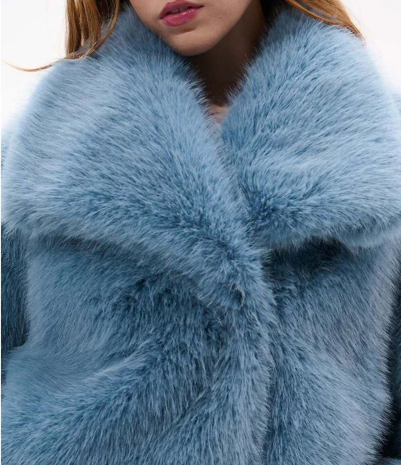 Azalea Wang Regina Sky Blue Faux Fur Shawl Collar Button Front Jacket