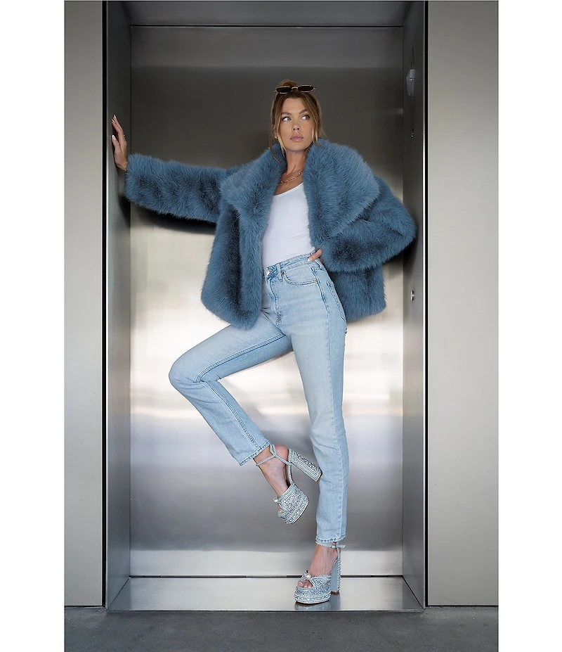 Azalea Wang Regina Sky Blue Faux Fur Shawl Collar Button Front Jacket