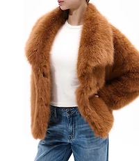 Azalea Wang Regina Tan Faux Fur Oversize Collar Snap Front Jacket