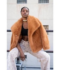 Azalea Wang Regina Tan Faux Fur Oversize Collar Snap Front Jacket