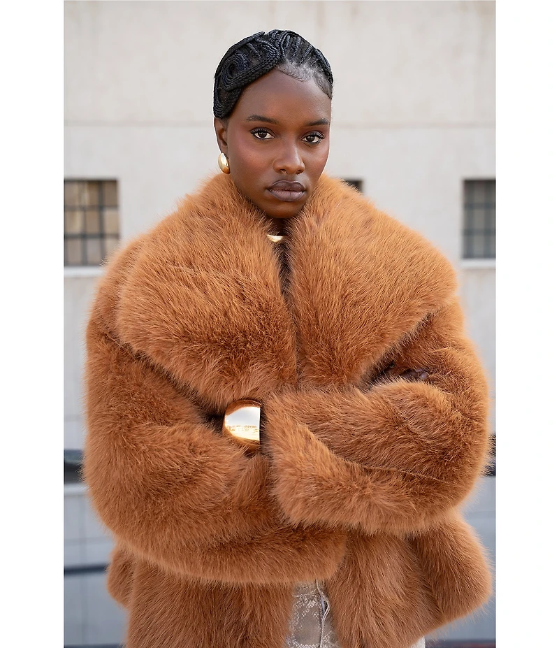Azalea Wang Regina Tan Faux Fur Oversize Collar Snap Front Jacket