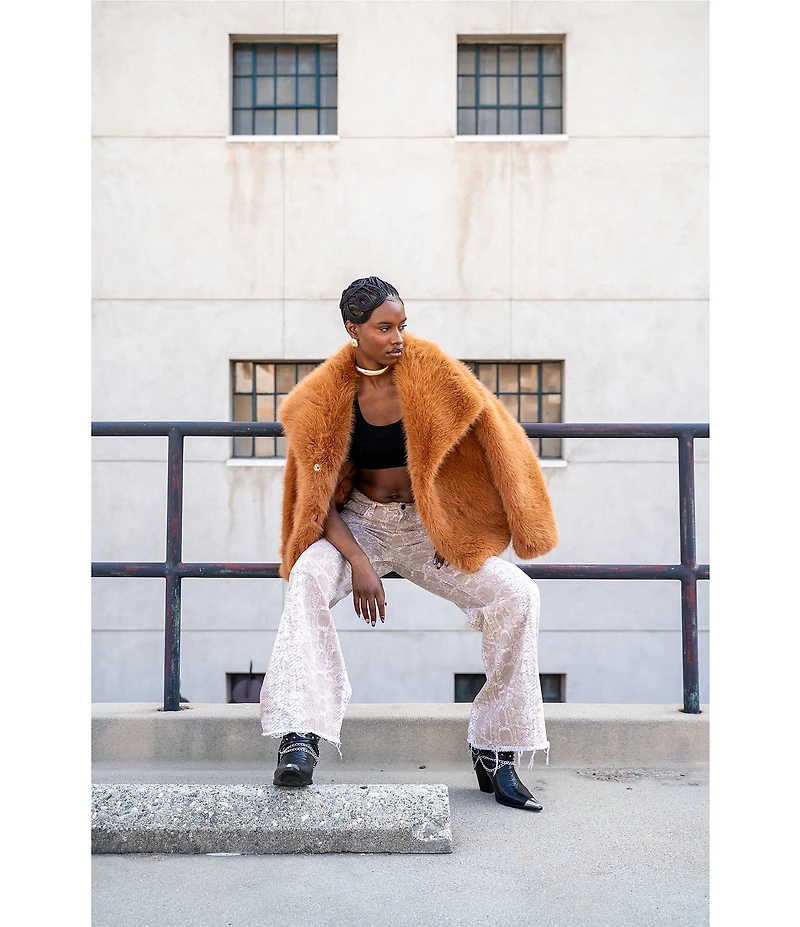 Azalea Wang Regina Tan Faux Fur Oversize Collar Snap Front Jacket