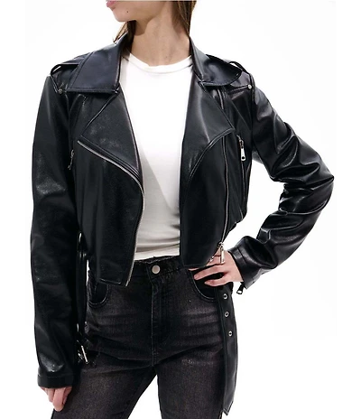 Azalea Wang Remy-Midnight Soft Faux Leather Notch Collar Belted Zip Front Moto Jacket