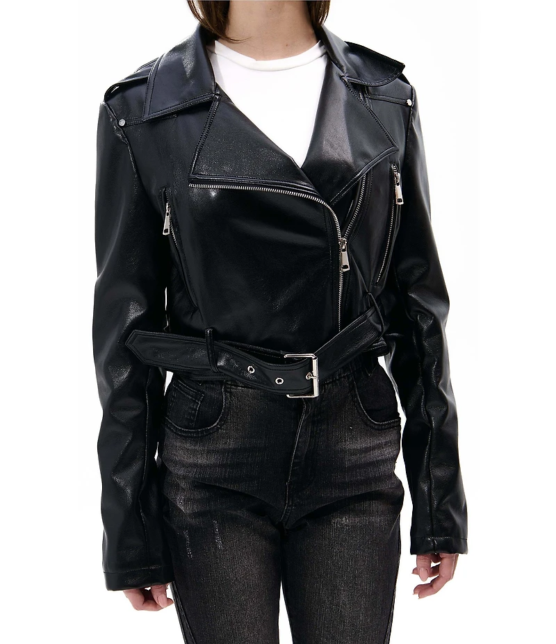 Azalea Wang Remy-Midnight Soft Faux Leather Notch Collar Belted Zip Front Moto Jacket