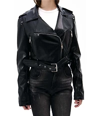 Azalea Wang Remy-Midnight Soft Faux Leather Notch Collar Belted Zip Front Moto Jacket