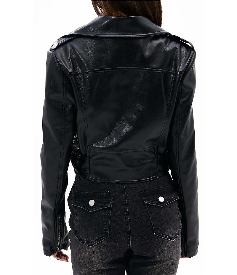 Azalea Wang Remy-Midnight Soft Faux Leather Notch Collar Belted Zip Front Moto Jacket