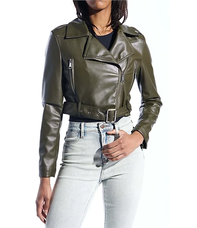 Azalea Wang Remy-Olive Soft Faux Leather Notch Collar Belted Zip Front Motor Jacket