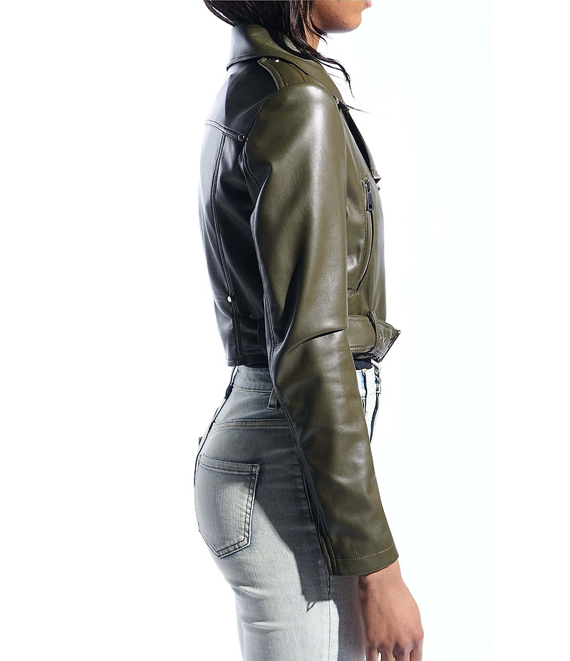 Azalea Wang Remy-Olive Soft Faux Leather Notch Collar Belted Zip Front Motor Jacket