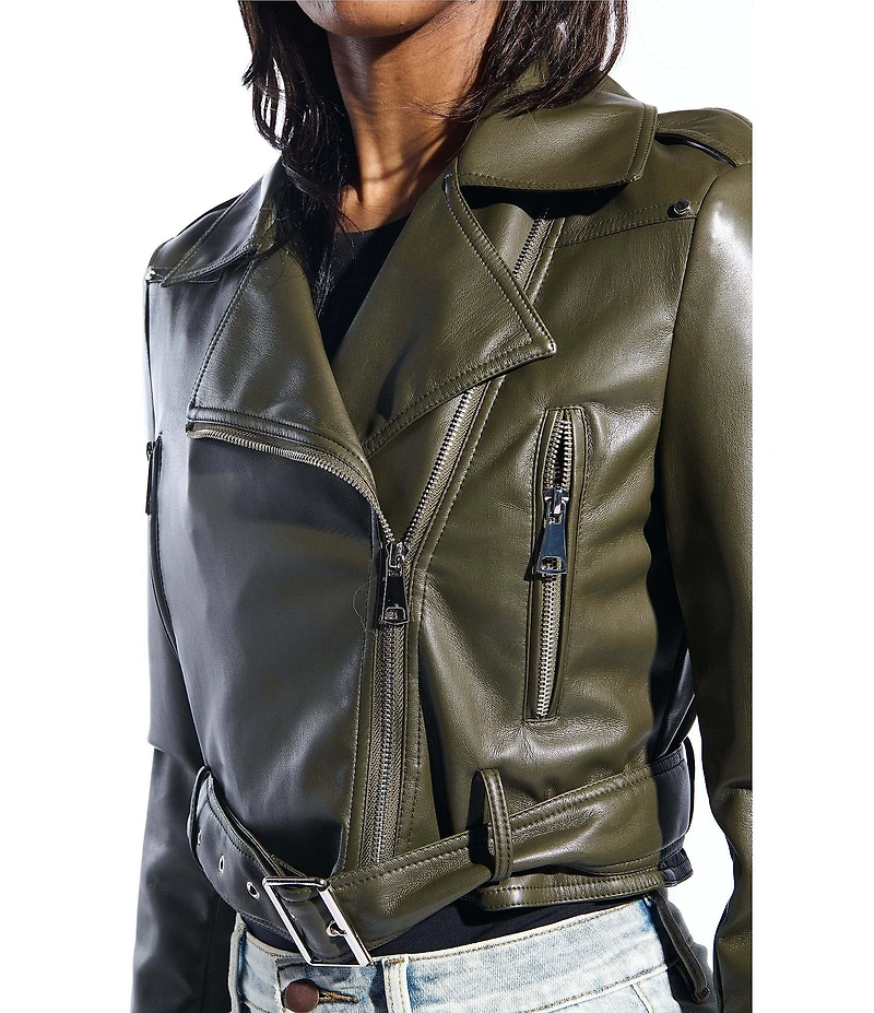 Azalea Wang Remy-Olive Soft Faux Leather Notch Collar Belted Zip Front Motor Jacket