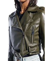 Azalea Wang Remy-Olive Soft Faux Leather Notch Collar Belted Zip Front Motor Jacket
