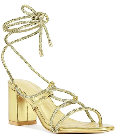 Azalea Wang Revani Metallic Rhinestone Ankle Tie Block Heel Dress Sandals