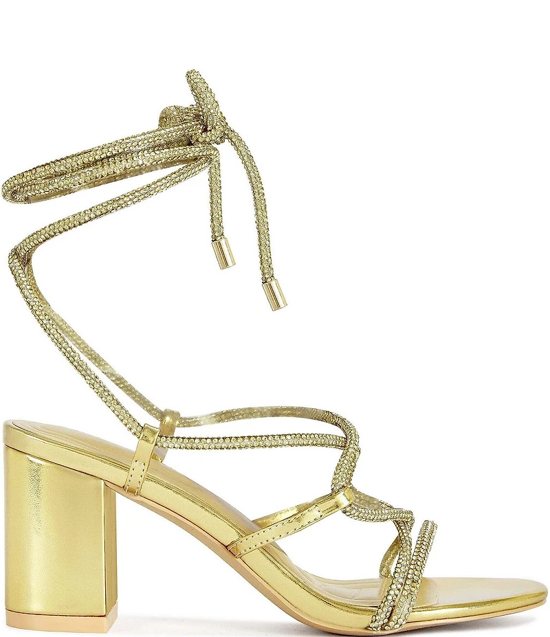 Azalea Wang Revani Metallic Rhinestone Ankle Tie Block Heel Dress Sandals