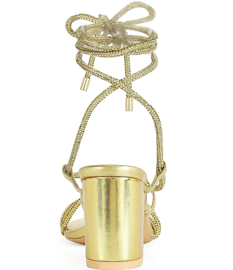 Azalea Wang Revani Metallic Rhinestone Ankle Tie Block Heel Dress Sandals