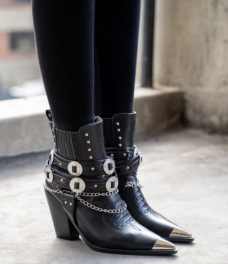 Azalea Wang Riggins Stud Embellished Harness Western Buckle Hardware Booties