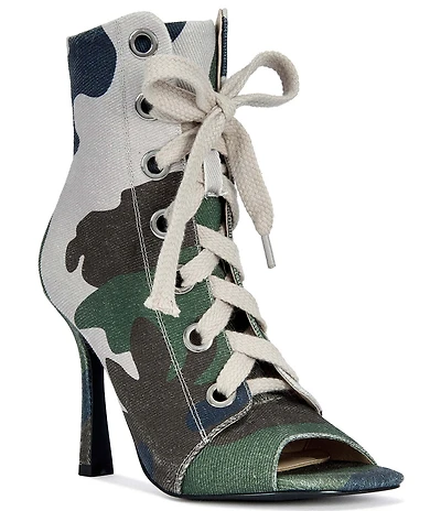 Azalea Wang Rooftop Camouflage Print Lace Up Peep Toe Booties
