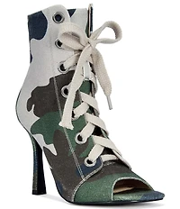 Azalea Wang Rooftop Camouflage Print Lace Up Peep Toe Booties
