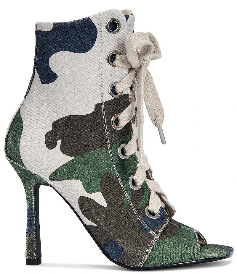 Azalea Wang Rooftop Camouflage Print Lace Up Peep Toe Booties