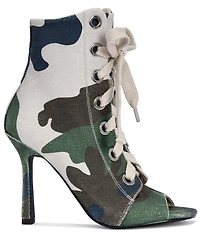 Azalea Wang Rooftop Camouflage Print Lace Up Peep Toe Booties