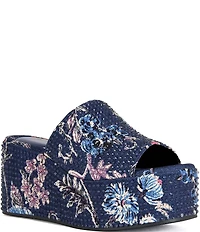 Azalea Wang Rosalind Floral Print Rhinestone Studded Platform Wedge Slide Sandals