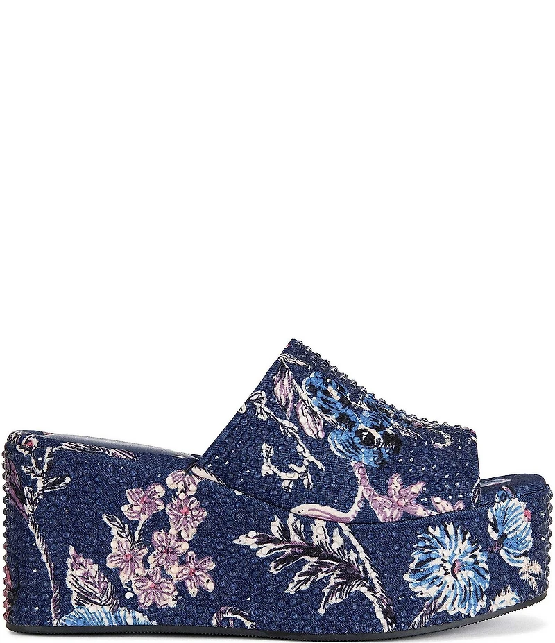 Azalea Wang Rosalind Floral Print Rhinestone Studded Platform Wedge Slide Sandals