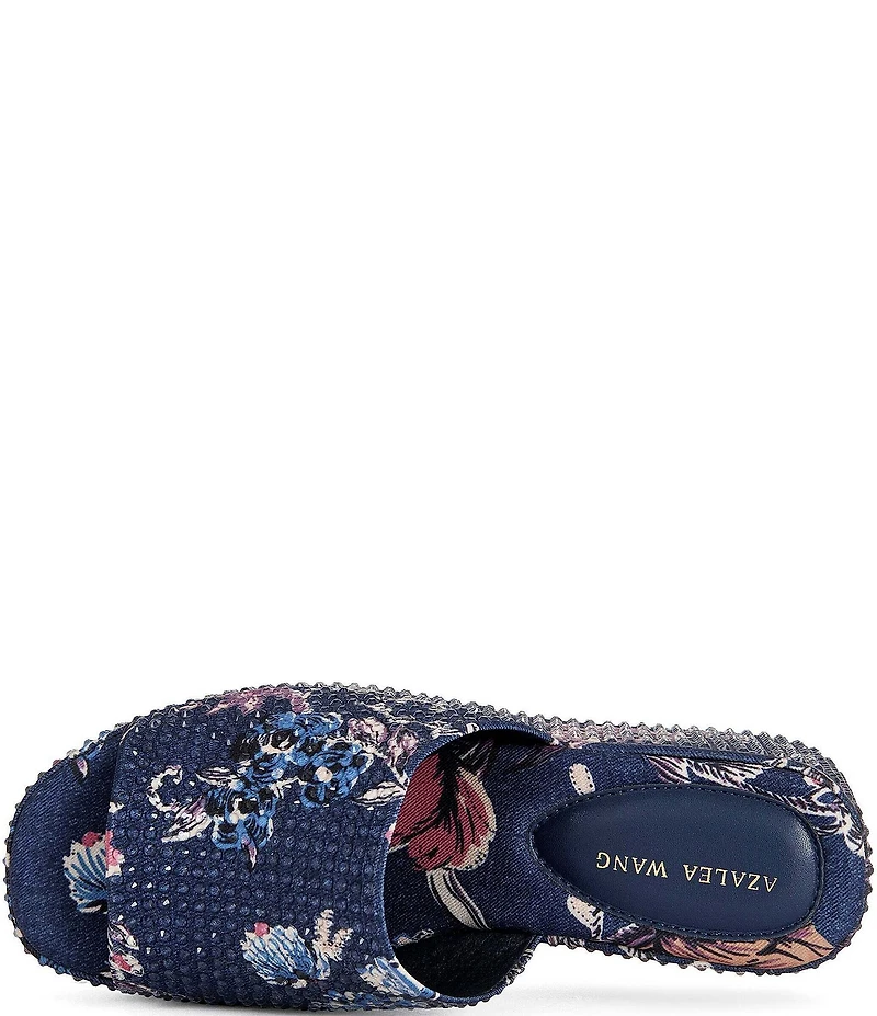 Azalea Wang Rosalind Floral Print Rhinestone Studded Platform Wedge Slide Sandals