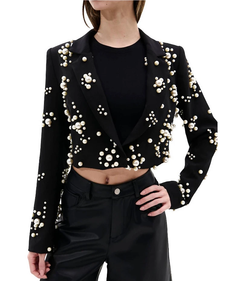 Azalea Wang Ruthie Pearl Accent Notch Collar Cropped Fit Blazer