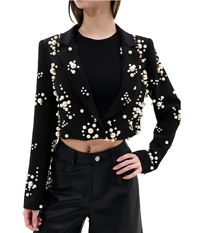 Azalea Wang Ruthie Pearl Accent Notch Collar Cropped Fit Blazer