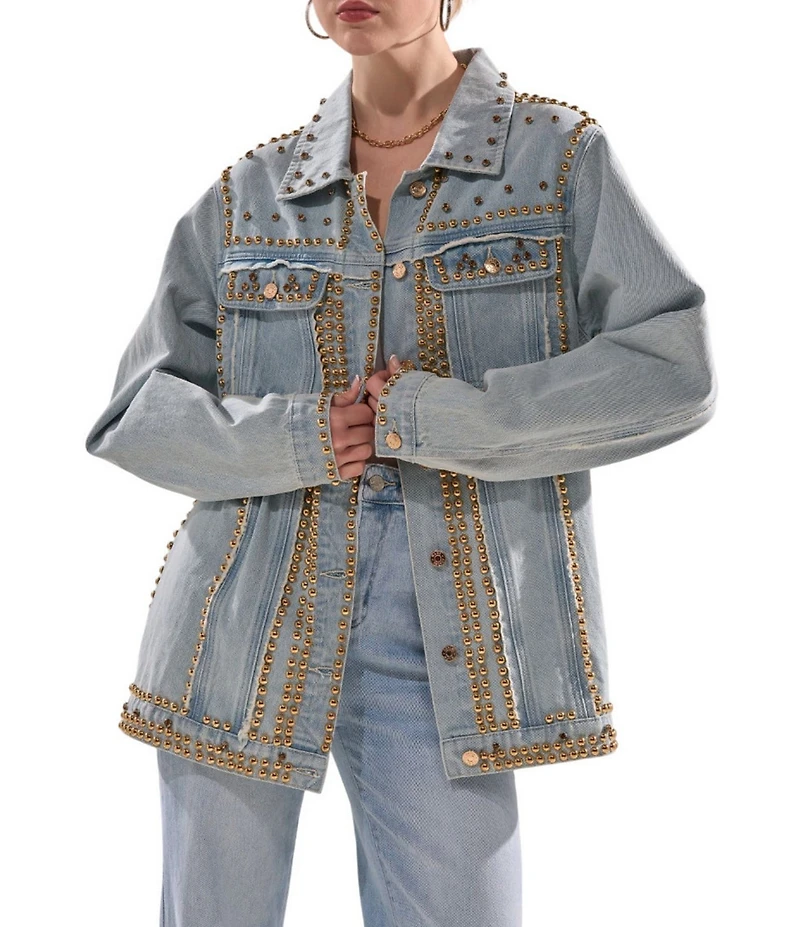 Azalea Wang Sable Studded Gold Point Collar Denim Oversized Jacket