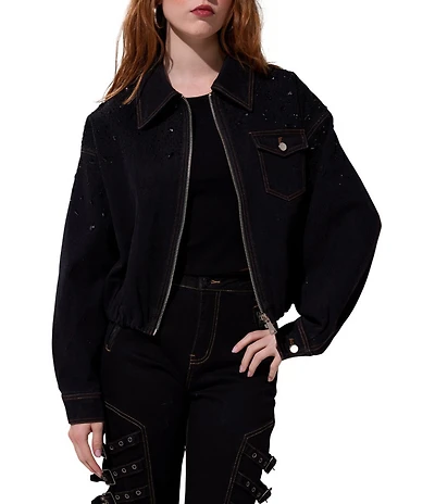 Azalea Wang Safina Point Collar Zip Front Drawcord Hemline Denim Jacket