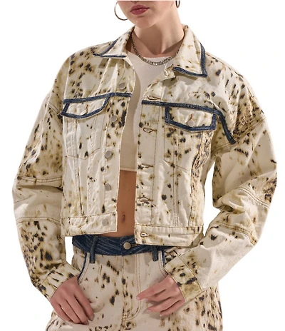 Azalea Wang Santana Cow Print Notch Collar Cropped Denim Jacket