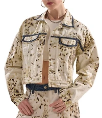 Azalea Wang Santana Cow Print Notch Collar Cropped Denim Jacket